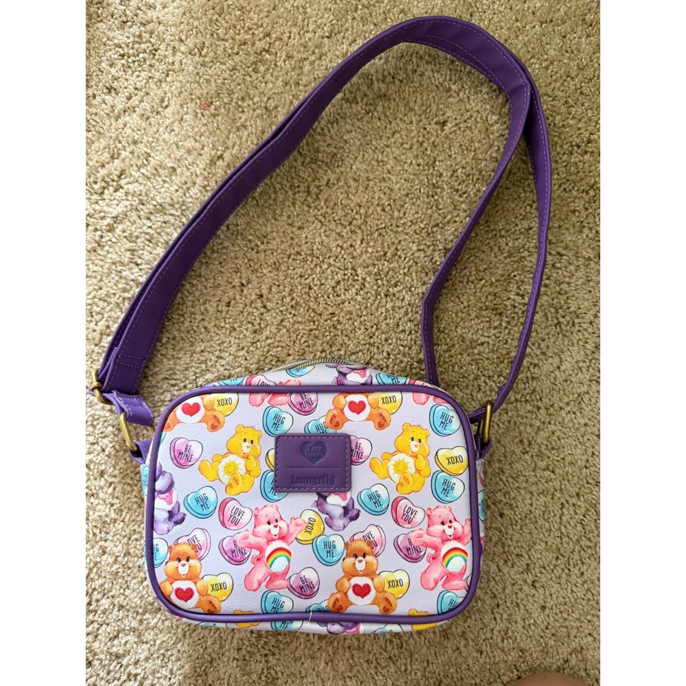 Loungefly Care Bears Conversation Hearts Crossbody Bag Purple Faux Leather